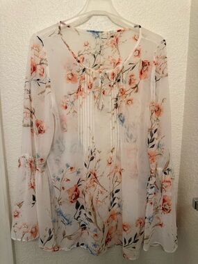 White House Black Market White Sheer Floral Tie-Neck Blouse